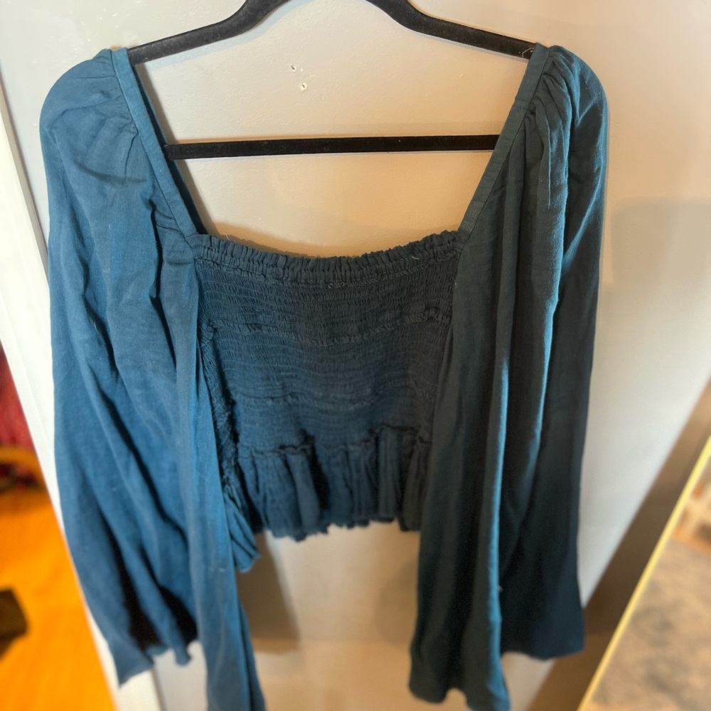 Free People Teal Smocked Blouse